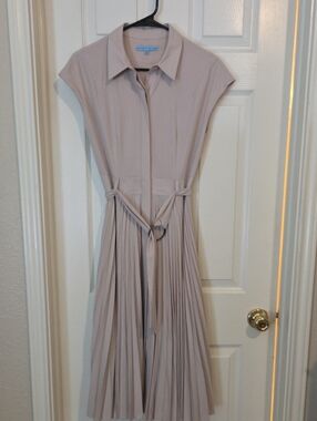 Cream/Peach Pleated Midi Shirt Dress with Waist Tie